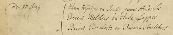 Afb. 8. Aantekening in het kerkeboek van het huwelijk tussen Berend Borcherts en Bouwina Melcherts (Huninga), alsdemen tussen Berend Melcherts (broer van Bouwina) en Anke Luppes. Beide huwelijken vinden plaats op 23 mei 1756 (Bron: Kerkeboek van Beerta, Groninger Archieven).